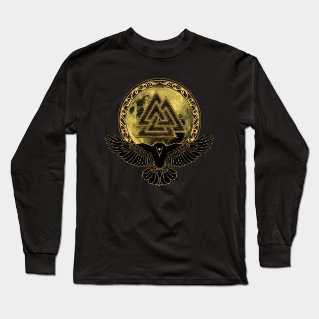 Viking Raven, Moon and Valknut Symbol Long Sleeve T-Shirt by NicGrayTees